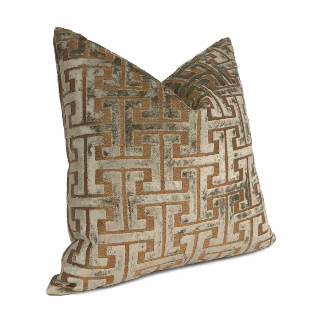 (CLEARANCE) Centurion Greek Key Fretwork Taupe Bronze Cut Velvet Pillow Cover