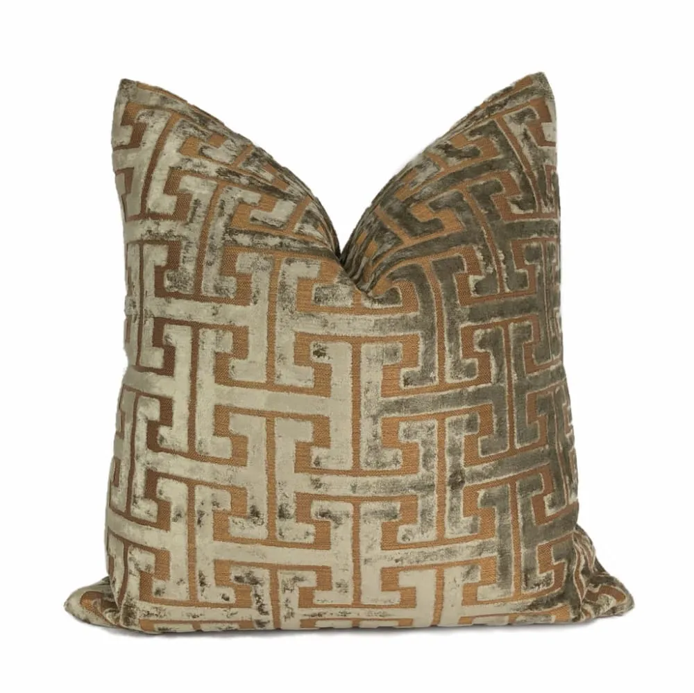 (CLEARANCE) Centurion Greek Key Fretwork Taupe Bronze Cut Velvet Pillow Cover