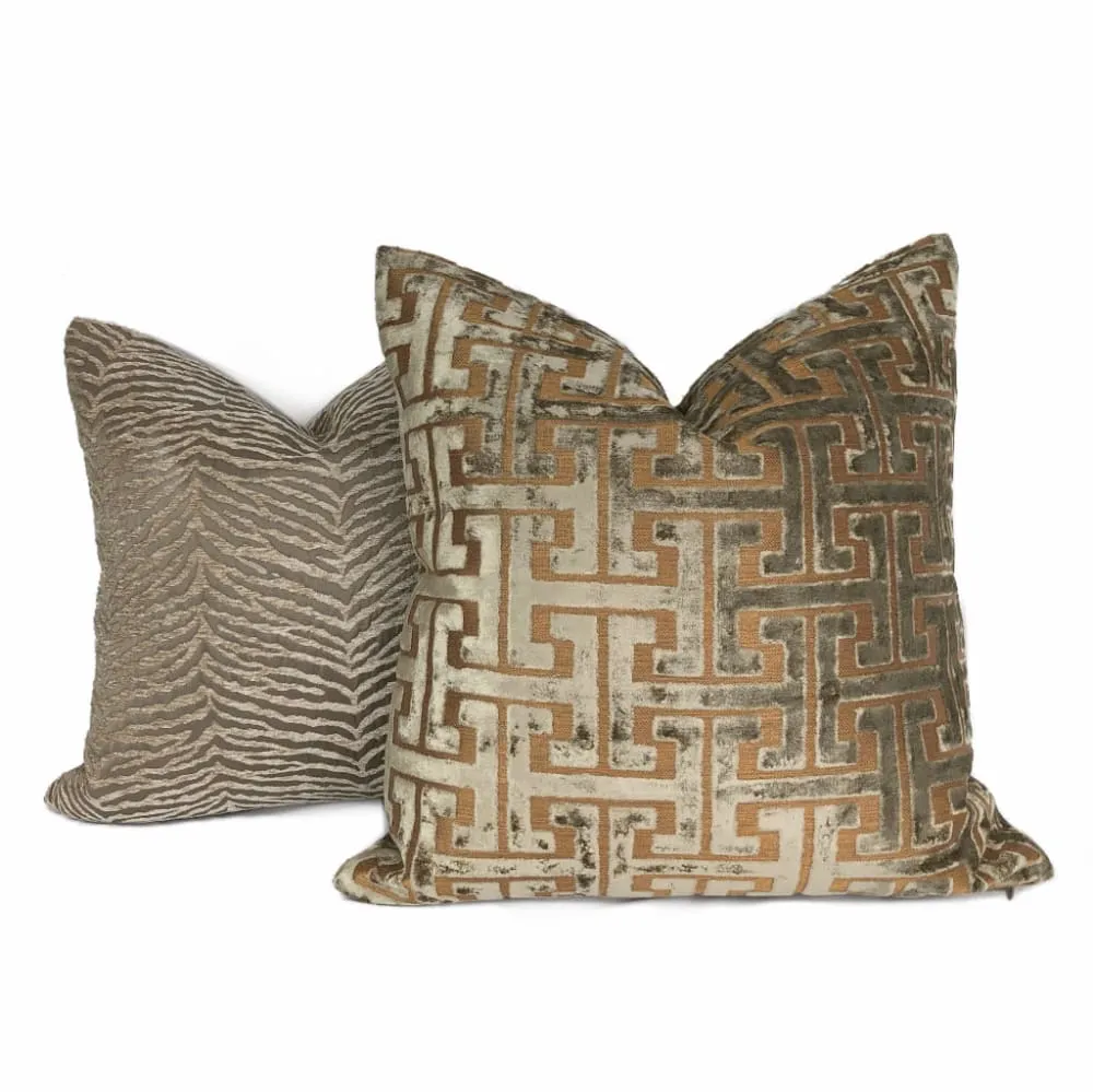 (CLEARANCE) Centurion Greek Key Fretwork Taupe Bronze Cut Velvet Pillow Cover