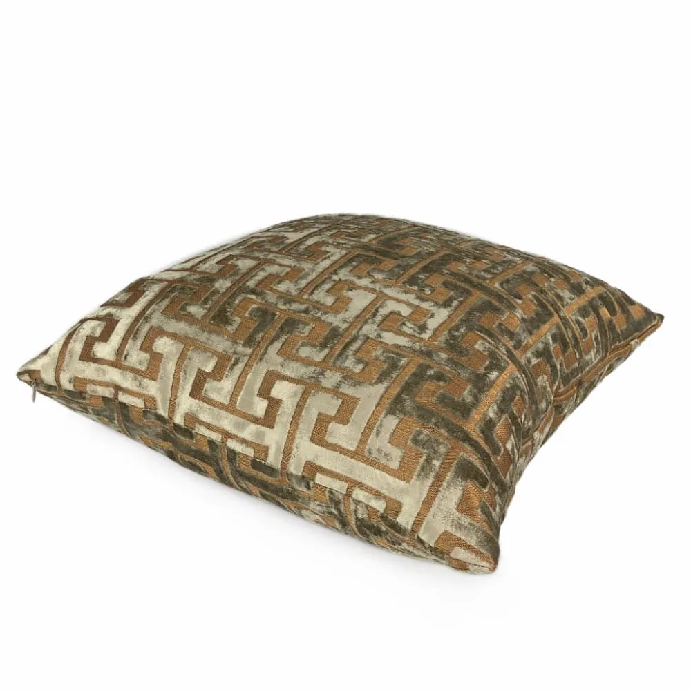 (CLEARANCE) Centurion Greek Key Fretwork Taupe Bronze Cut Velvet Pillow Cover