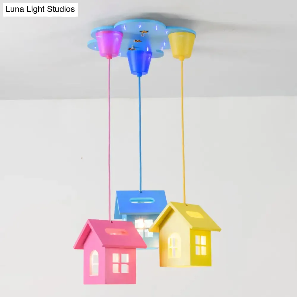 Colorful 3-Head Bedroom Pendant Lighting with Wooden House Shade