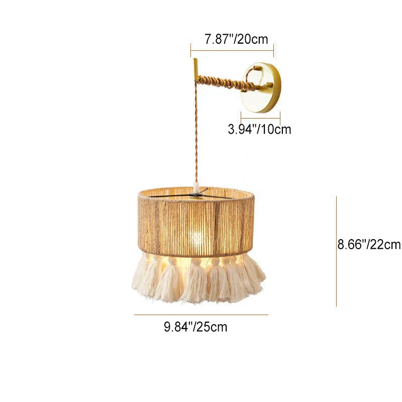 Contemporary Boho Hemp Rope Weaving Cylindrical Cotton Tassel 1-Light Wall Sconce Lamp For Bedroom