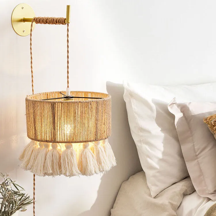 Contemporary Boho Hemp Rope Weaving Cylindrical Cotton Tassel 1-Light Wall Sconce Lamp For Bedroom