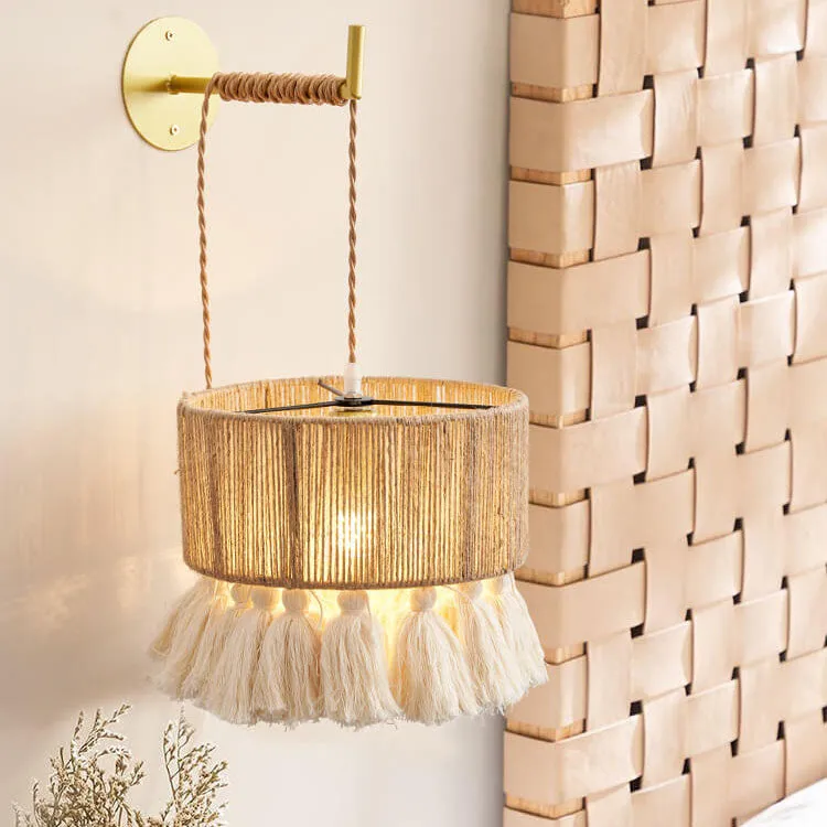 Contemporary Boho Hemp Rope Weaving Cylindrical Cotton Tassel 1-Light Wall Sconce Lamp For Bedroom