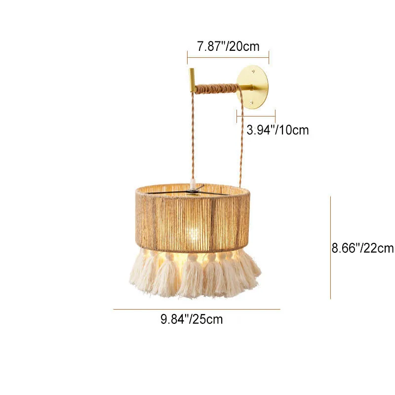 Contemporary Boho Hemp Rope Weaving Cylindrical Cotton Tassel 1-Light Wall Sconce Lamp For Bedroom