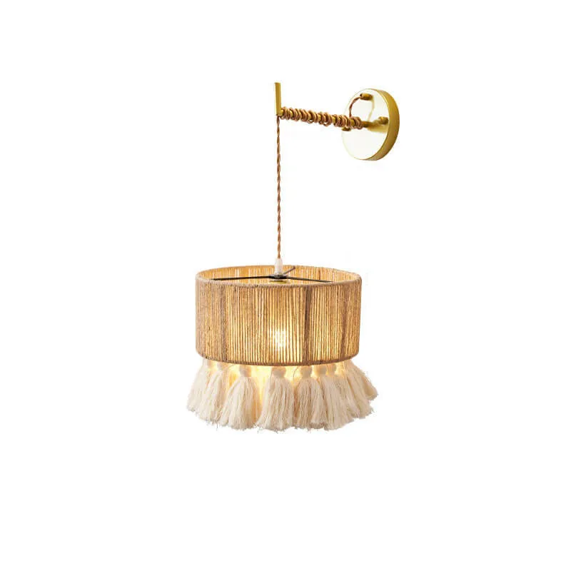 Contemporary Boho Hemp Rope Weaving Cylindrical Cotton Tassel 1-Light Wall Sconce Lamp For Bedroom