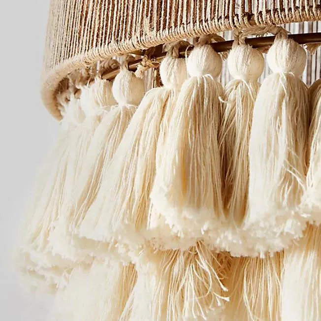 Contemporary Boho Hemp Rope Weaving Cylindrical Cotton Tassel 1-Light Wall Sconce Lamp For Bedroom