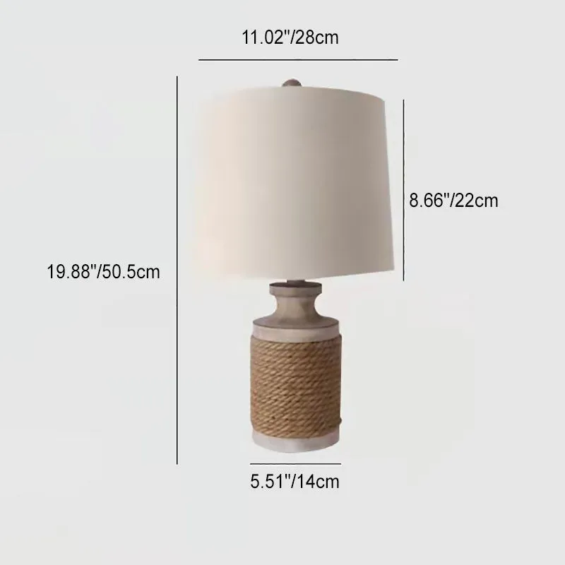 Contemporary Retro Hemp Rope Wood Base Fabric Shade 1-Light Table Lamp For Study