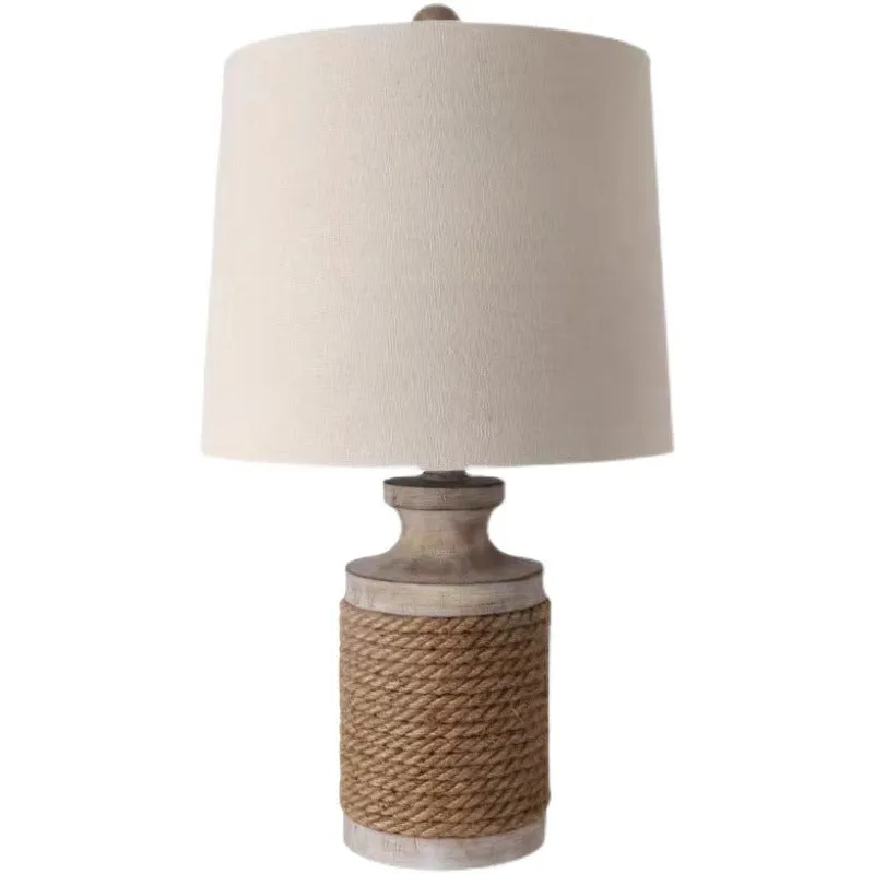 Contemporary Retro Hemp Rope Wood Base Fabric Shade 1-Light Table Lamp For Study