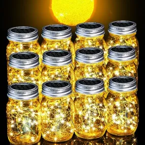 Cooo 12 Pack Crystal Glass Lanterns Sets Solar Powered 30LED Mason Jar Lights,Waterproof Outdoor Hanging Patio Porch Garden Yard Backyard Balcony Lawn Handmade Wall Lighting Fixtures Decor-Warm White