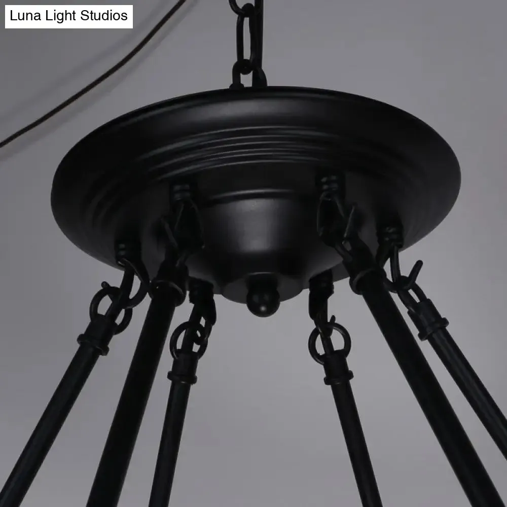 Country Hemp Rope Loop Chandelier - Hanging Ceiling Light, Black Restaurant Lamp