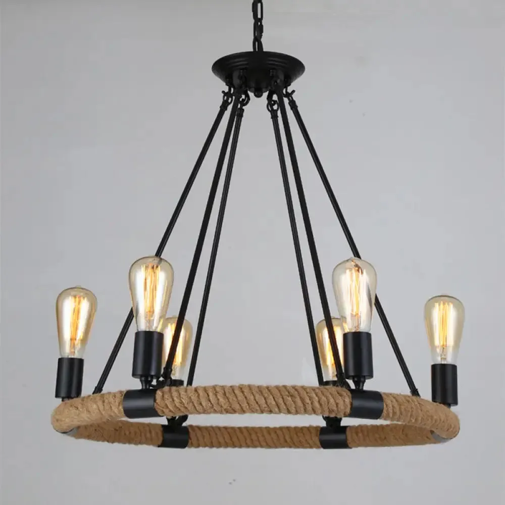 Country Hemp Rope Loop Chandelier - Hanging Ceiling Light, Black Restaurant Lamp