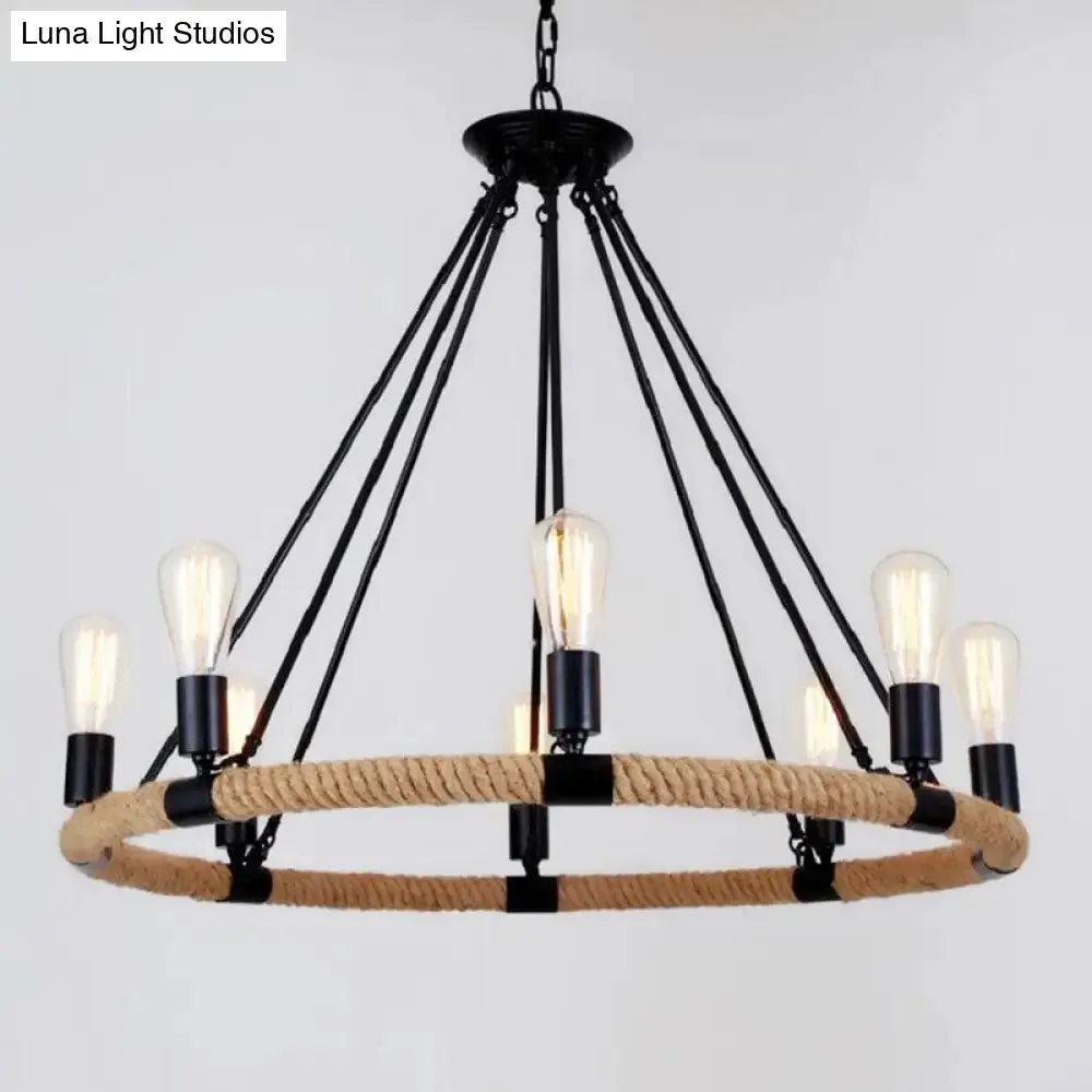 Country Hemp Rope Loop Chandelier - Hanging Ceiling Light, Black Restaurant Lamp