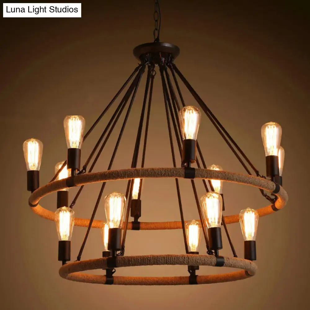 Country Hemp Rope Loop Chandelier - Hanging Ceiling Light, Black Restaurant Lamp