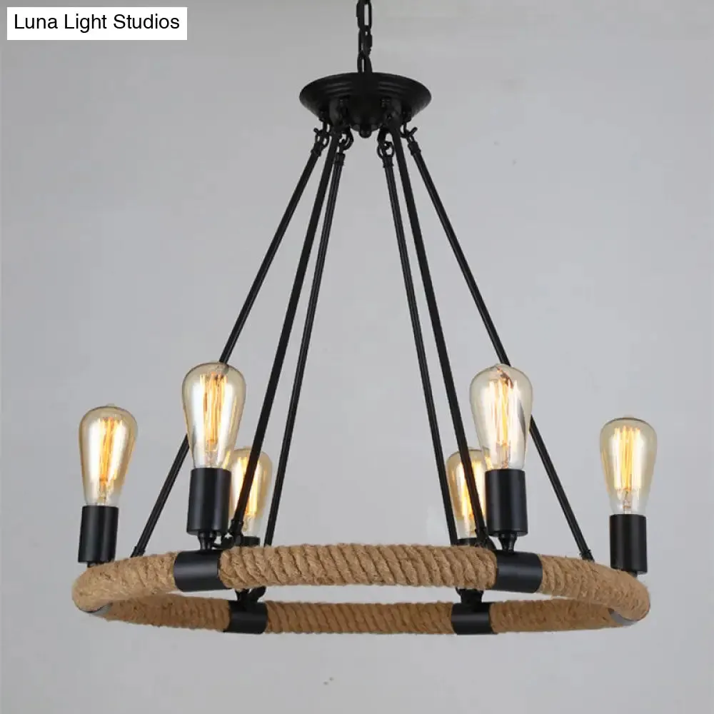 Country Hemp Rope Loop Chandelier - Hanging Ceiling Light, Black Restaurant Lamp