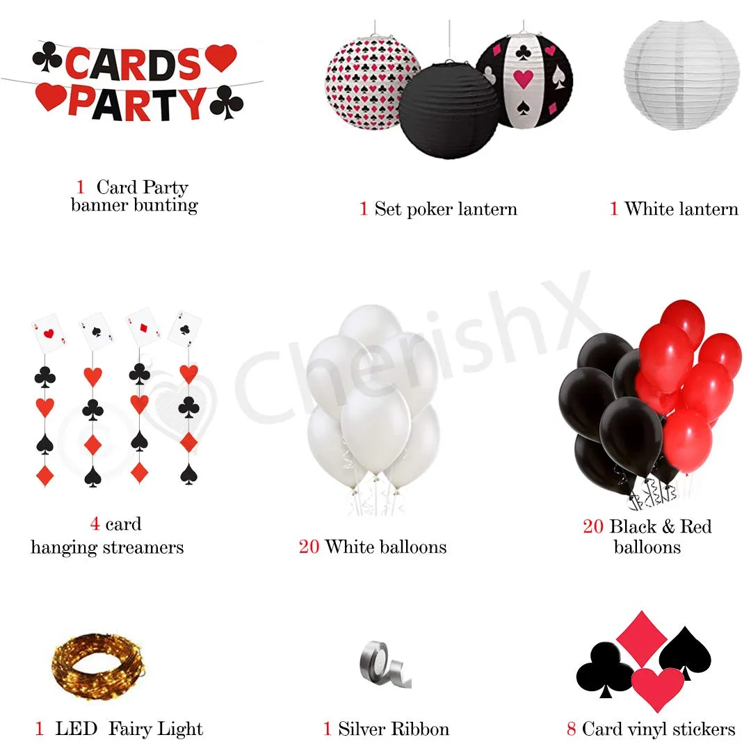 Diwali Card Party Poker Theme Decoration Kit with Poker Lanterns, Card Hanging, Vinyl Card Stickers & Led Light 53 pc Festive Decor Combo