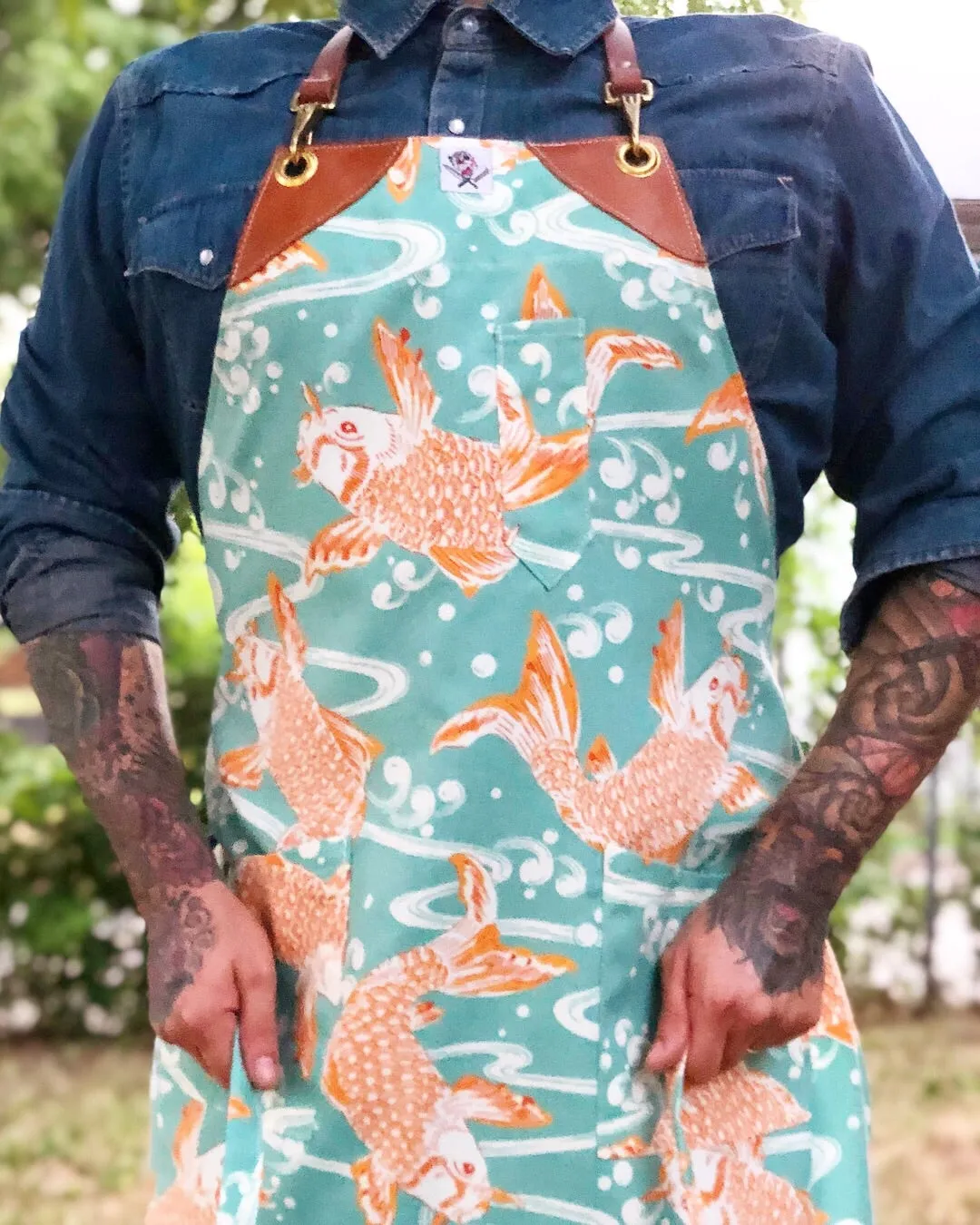 “Don’t be Koi with me” Apron with cognac leather