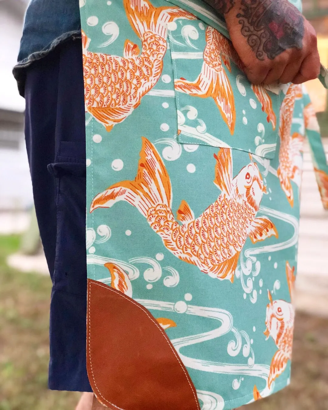 “Don’t be Koi with me” Apron with cognac leather