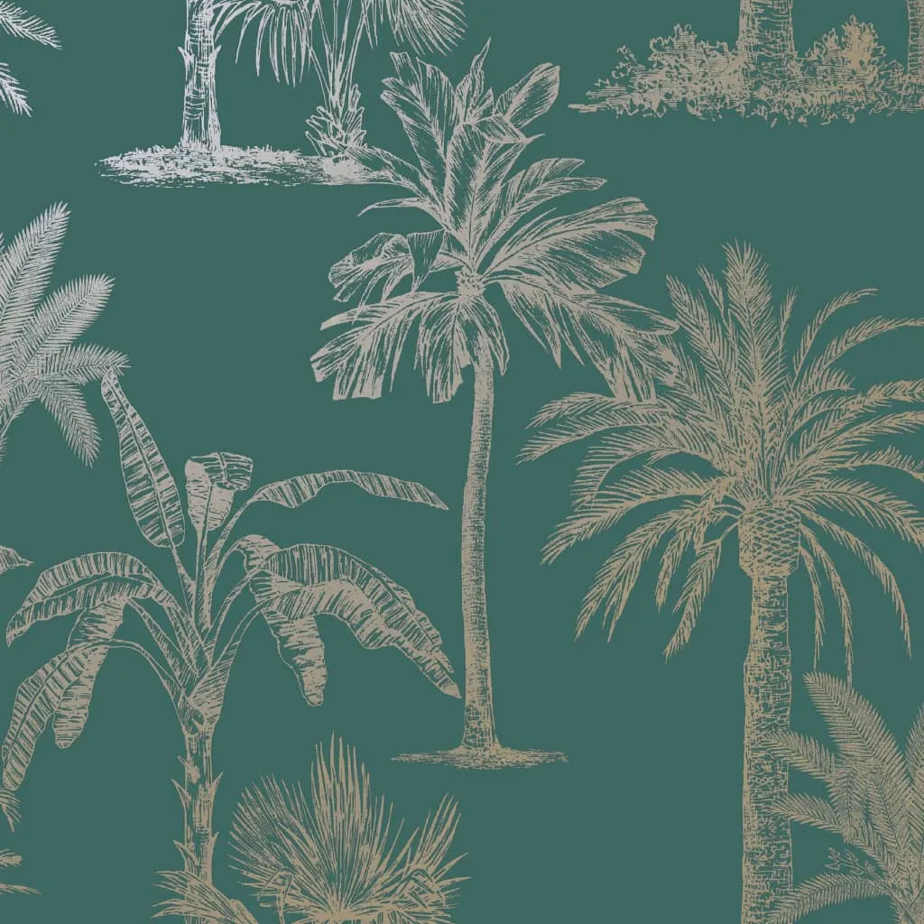 DUTCH WALLCOVERINGS Wallpaper Tropical Trees Teal and Silver