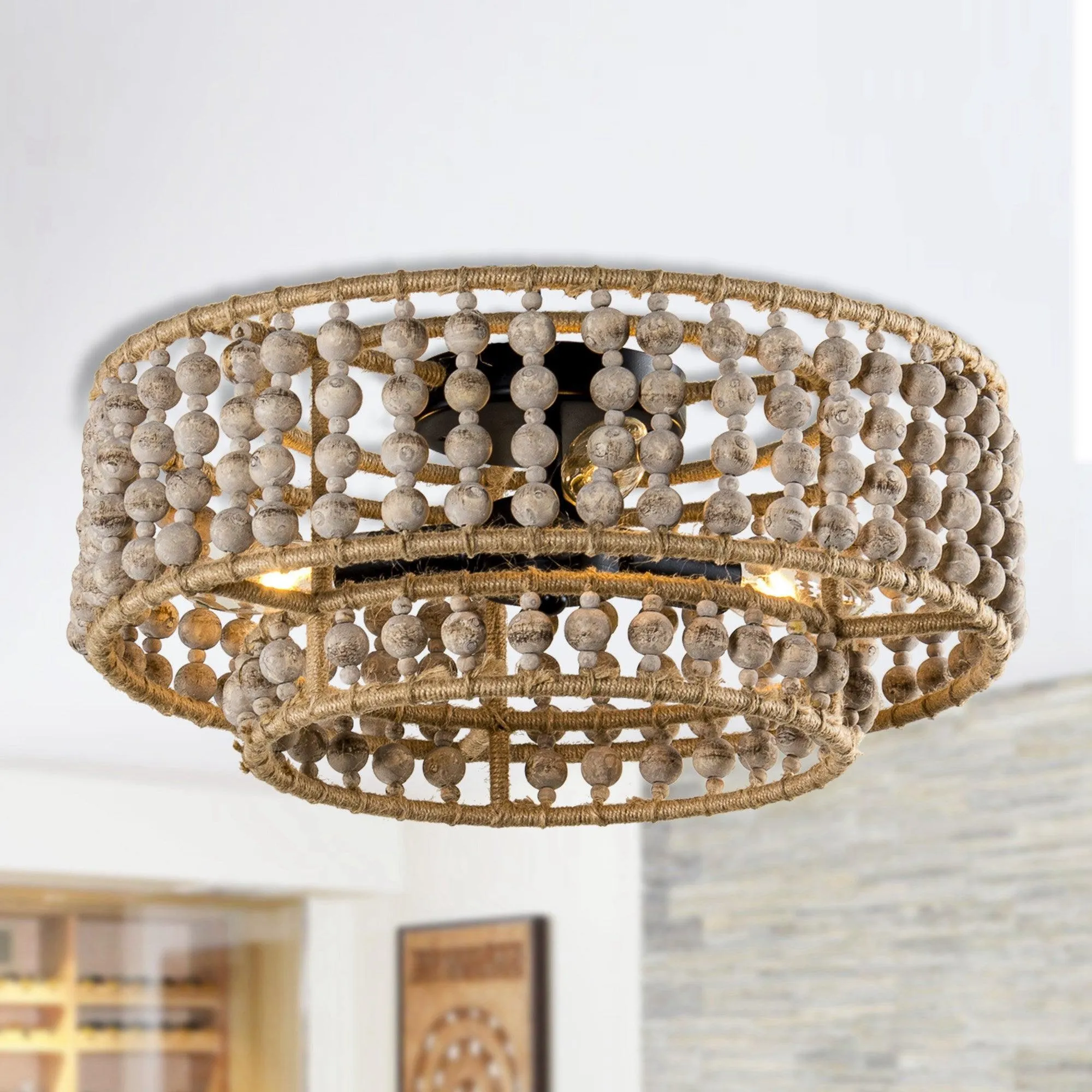 Farmhouse 3-Light Wood Beaded Flush Mount Ceiling Lights