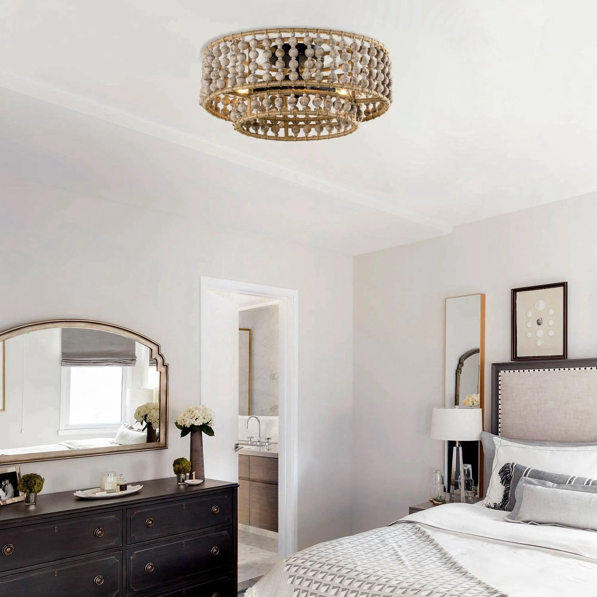 Farmhouse 3-Light Wood Beaded Flush Mount Ceiling Lights