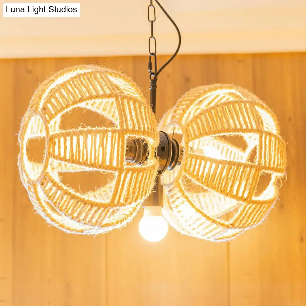 Farmhouse Brown Rope Chandelier Lamp - 3-Light Double Melon Suspension Pendant