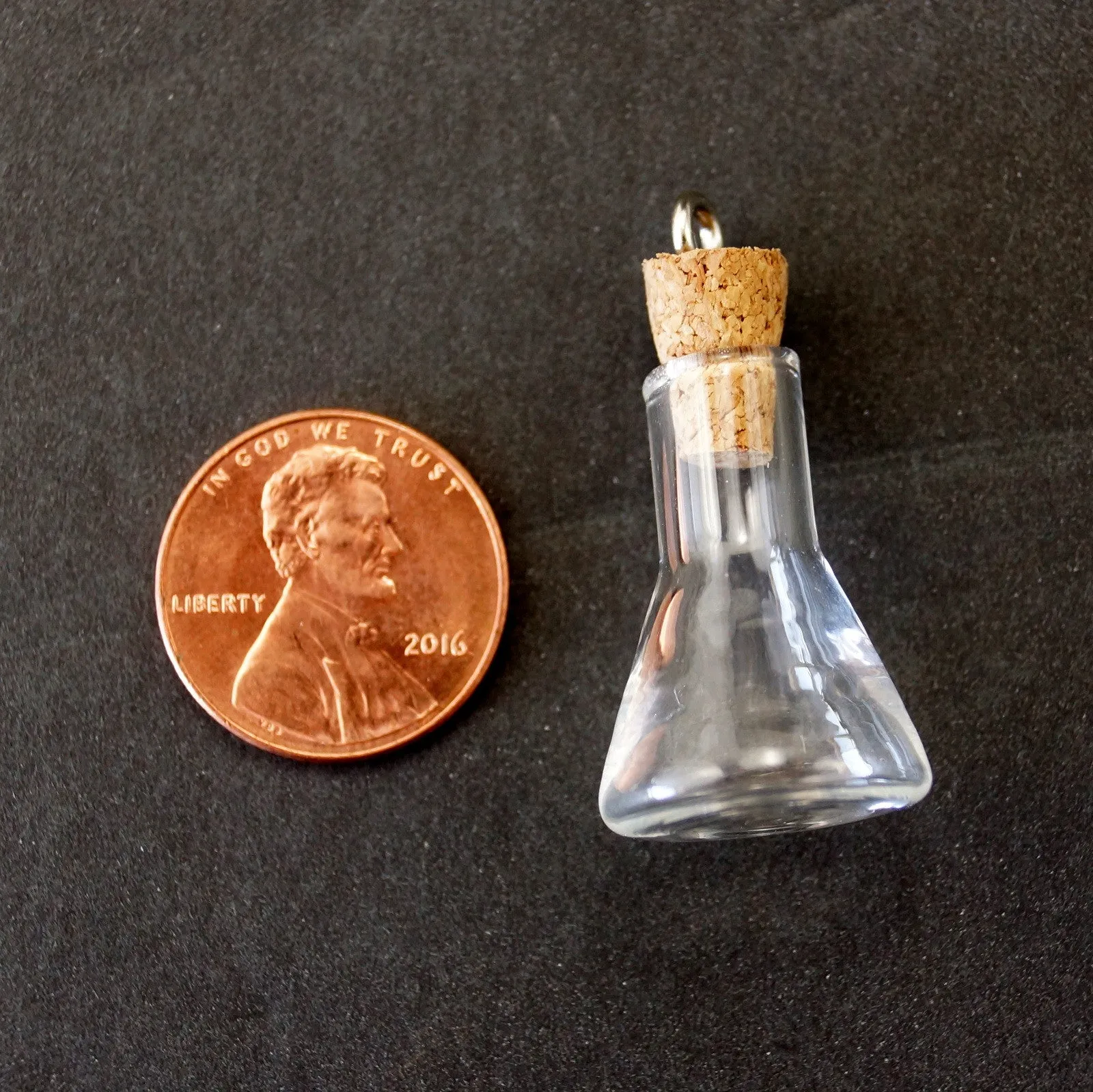 Fillable Glass Erlenmeyer Flask Charm with Cork Stopper and Eye Hook