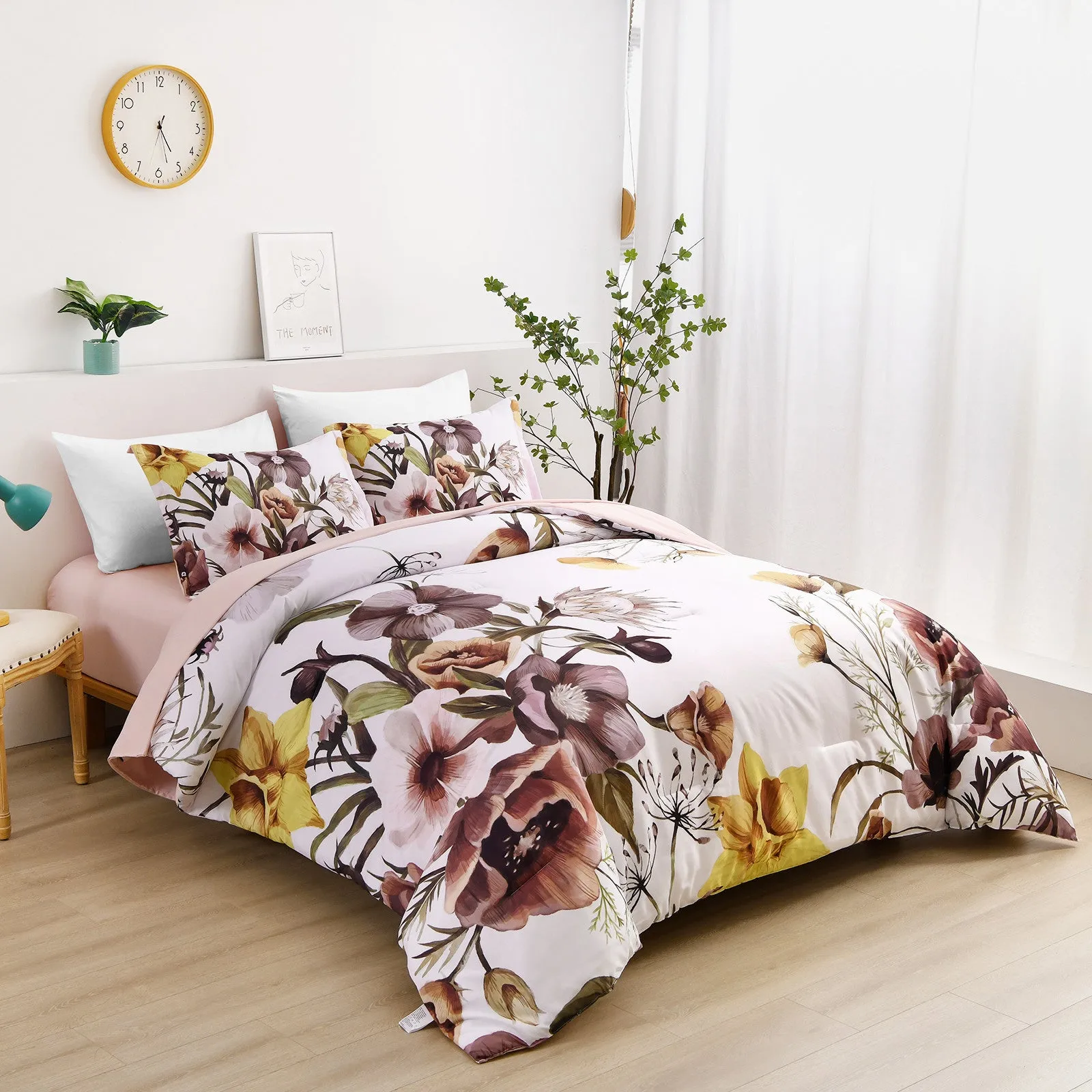 Floral Comforter Set, King Size, Blush Floral 3-Piece Bedding, Soft Microfiber for All Seasons