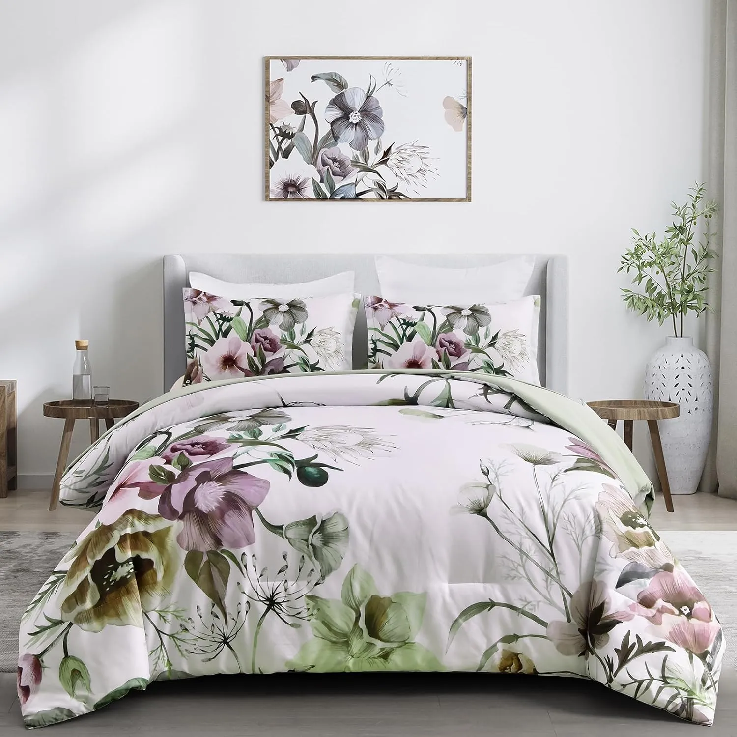 Floral Comforter Set, King Size, Green Floral 3-Piece Bedding, Soft Microfiber for All Seasons