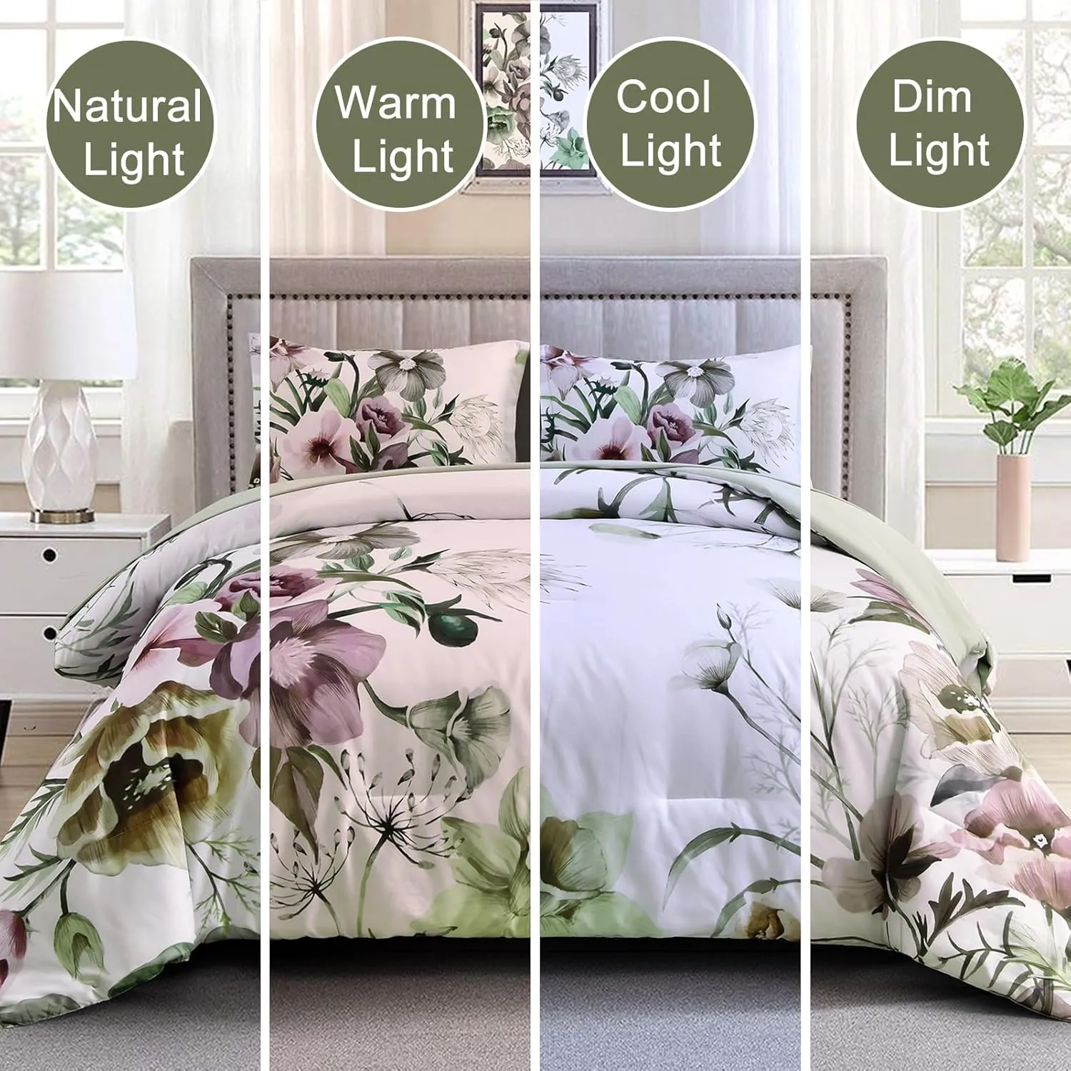 Floral Comforter Set, King Size, Green Floral 3-Piece Bedding, Soft Microfiber for All Seasons