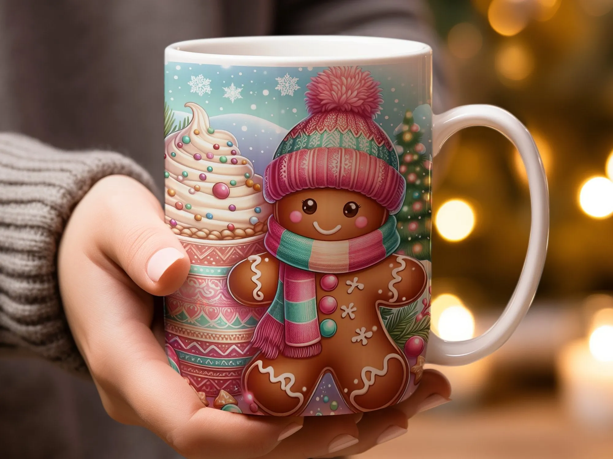 Gingerbread Man Hot Chocolate Design Mug, Holiday Mug, Christmas Gift for Family or Friends, Winter Mug