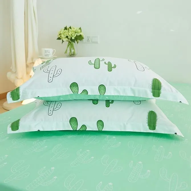 Green Cactus Print Fresh Style Cotton Lxury 4-Piece Bedding Sets