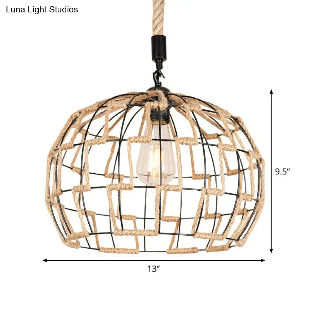 Hanging Pendant Ceiling Light: Rustic Brown Sphere Rope Wrapped Cage for Rural Restaurants