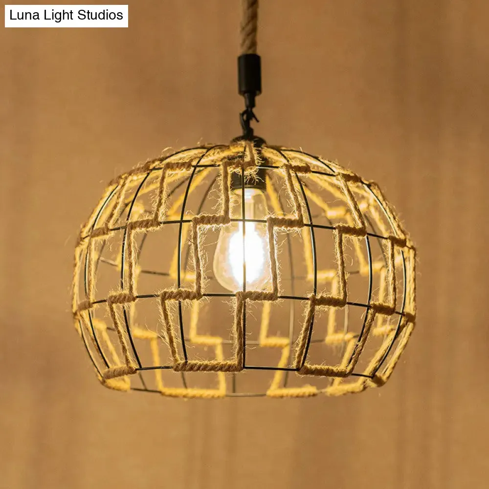 Hanging Pendant Ceiling Light: Rustic Brown Sphere Rope Wrapped Cage for Rural Restaurants