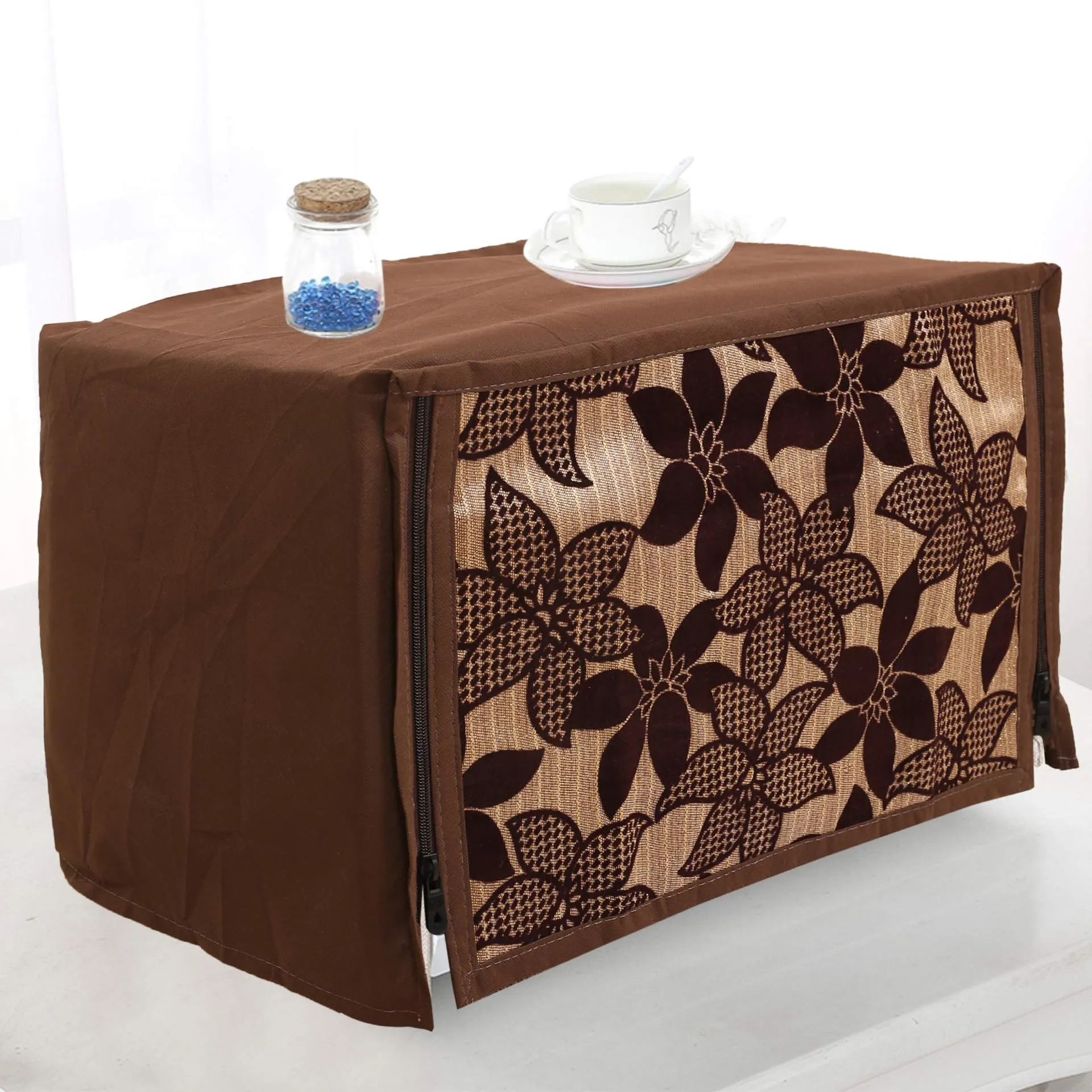 Heart Home Velvet Flower Printed Microwave Oven Cover, Dustproof Machine Protector Cover,30 LTR. (Brown)-HS43HEARTH26062