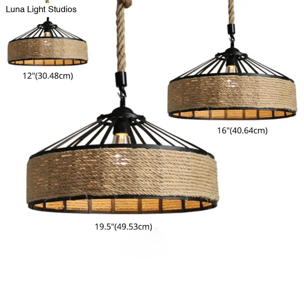 Industrial Barn Pendant Light with Adjustable Hemp Rope