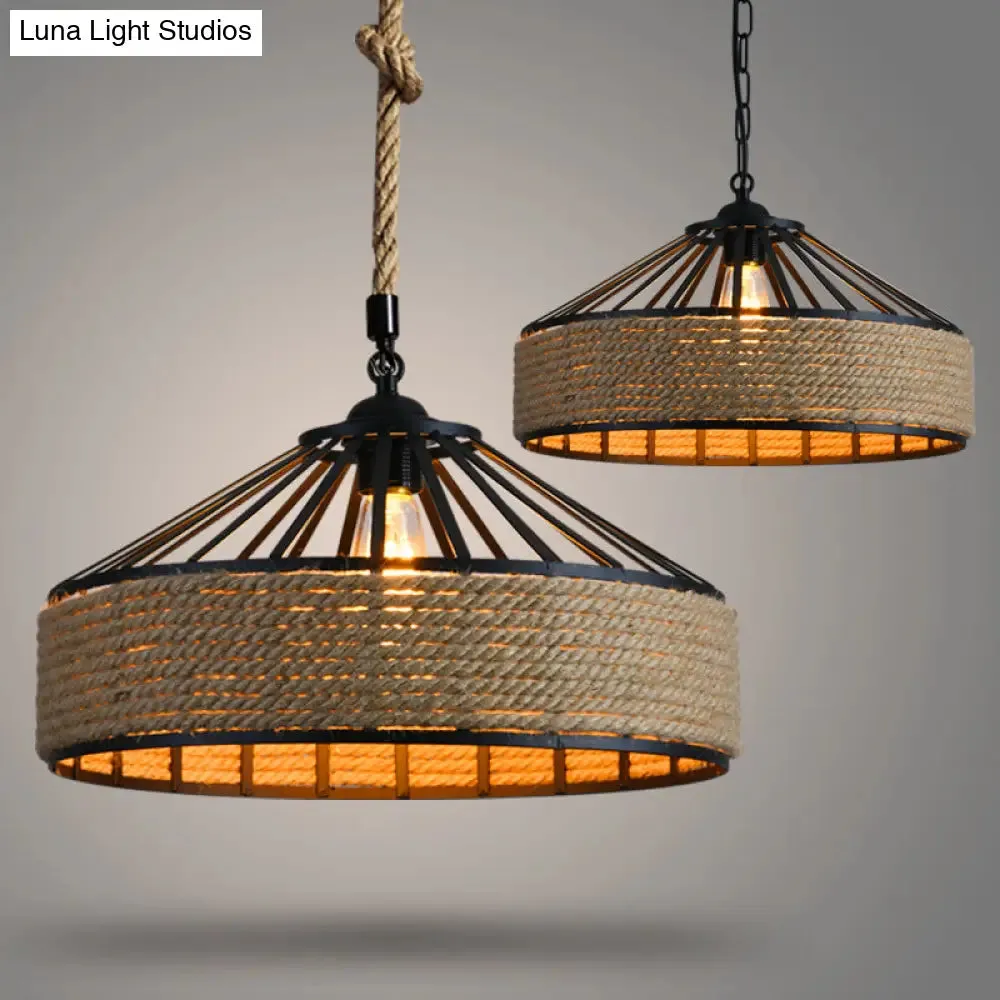 Industrial Barn Pendant Light with Adjustable Hemp Rope