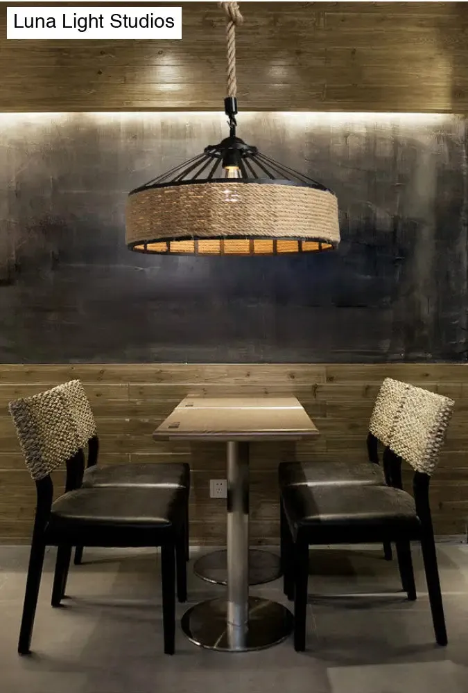 Industrial Barn Pendant Light with Adjustable Hemp Rope