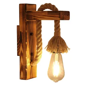 Industrial Brown Wood Wall Light with Right Angle Bracket and Rope - Single Bulb Mount