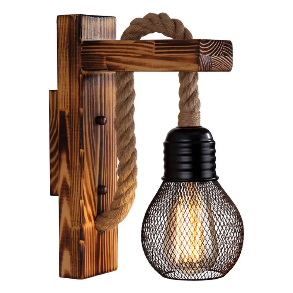 Industrial Brown Wood Wall Light with Right Angle Bracket and Rope - Single Bulb Mount