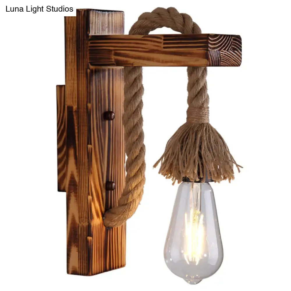 Industrial Brown Wood Wall Light with Right Angle Bracket and Rope - Single Bulb Mount