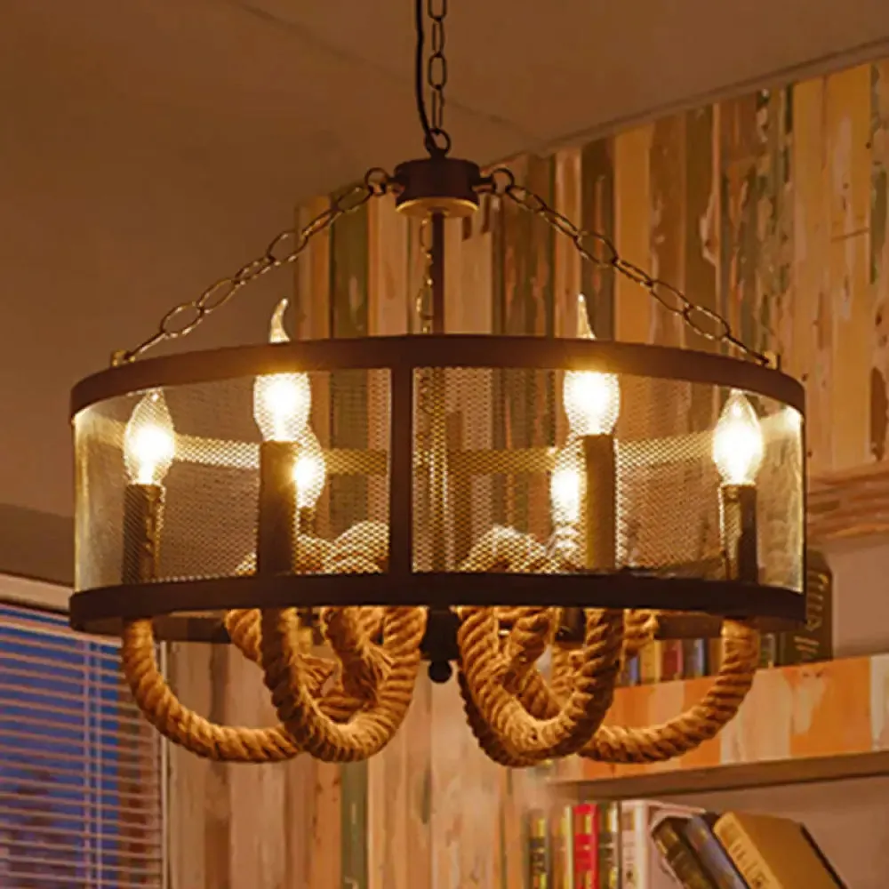 Industrial Rope Black Pendant Lamp Chandelier with 6 Candle Lights and Wire Mesh Fixture