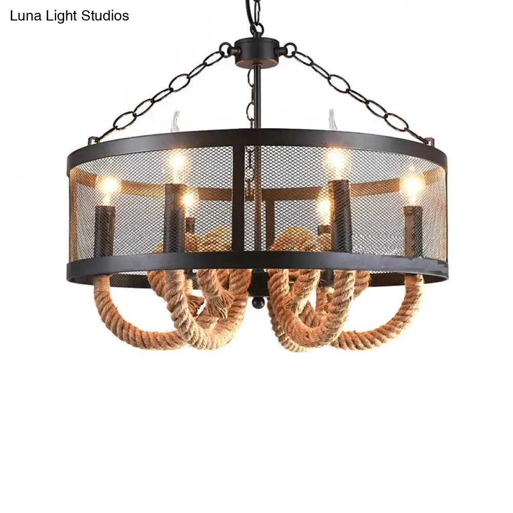 Industrial Rope Black Pendant Lamp Chandelier with 6 Candle Lights and Wire Mesh Fixture