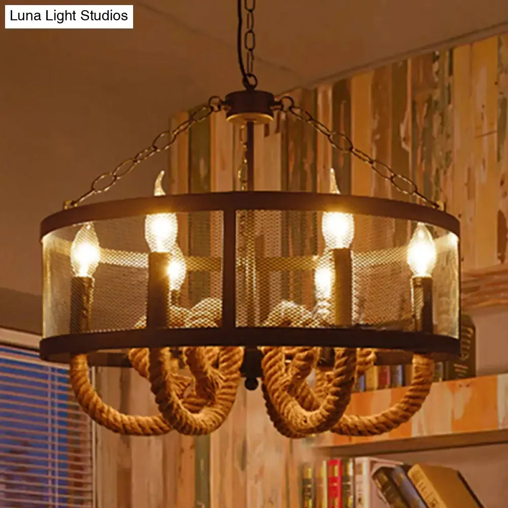 Industrial Rope Black Pendant Lamp Chandelier with 6 Candle Lights and Wire Mesh Fixture