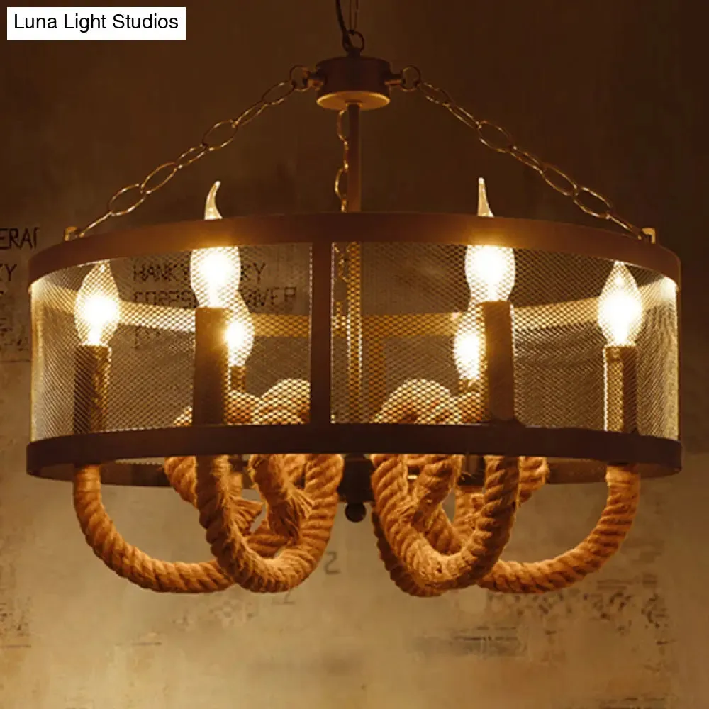 Industrial Rope Black Pendant Lamp Chandelier with 6 Candle Lights and Wire Mesh Fixture