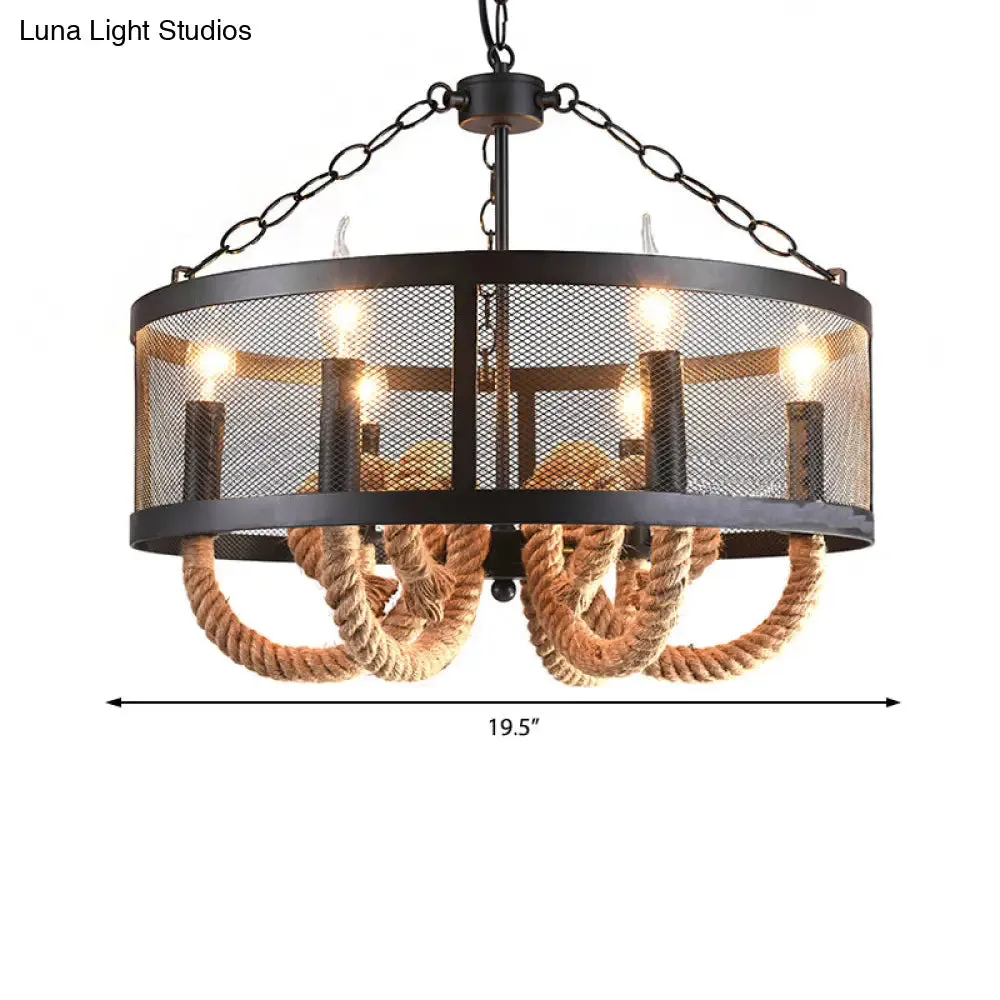 Industrial Rope Black Pendant Lamp Chandelier with 6 Candle Lights and Wire Mesh Fixture