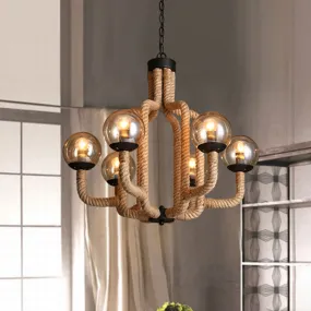 Industrial Rope Pendant Chandelier - 6-Light Globe Fixture with Beige Hanging Design and Glass Shade for Living Room