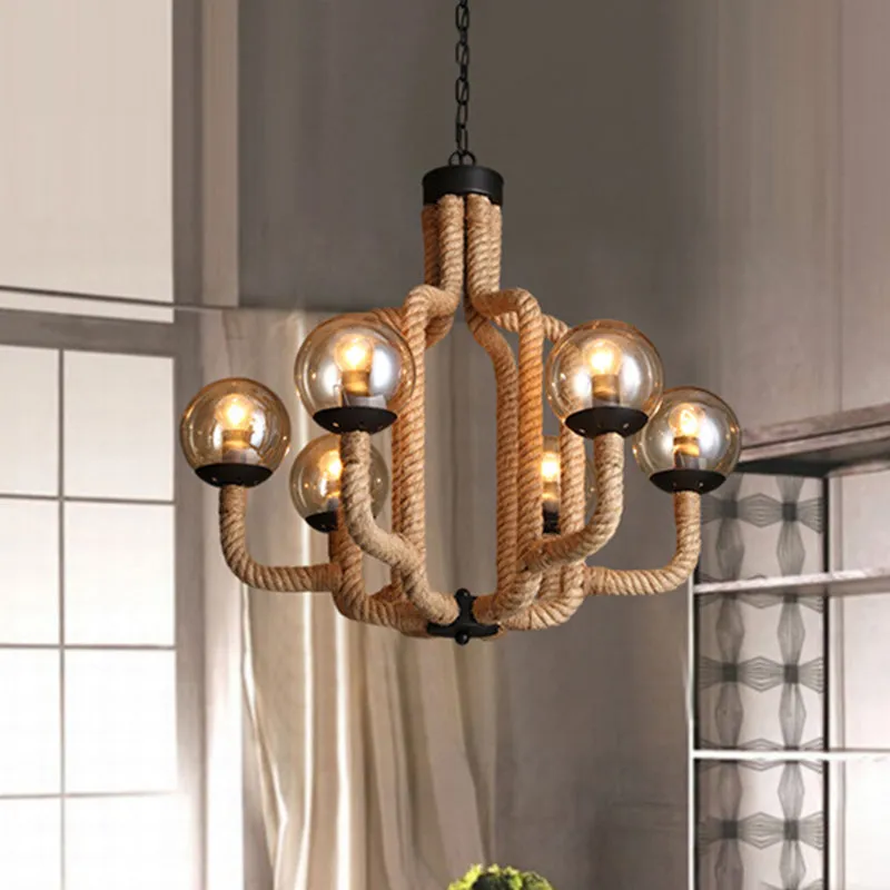 Industrial Rope Pendant Chandelier - 6-Light Globe Fixture with Beige Hanging Design and Glass Shade for Living Room