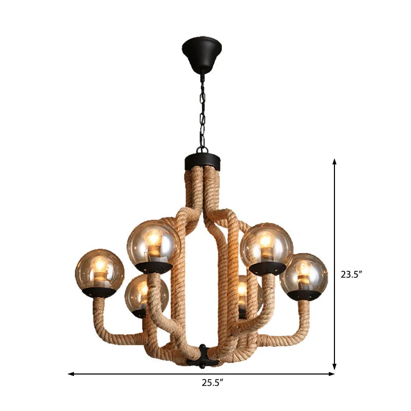 Industrial Rope Pendant Chandelier - 6-Light Globe Fixture with Beige Hanging Design and Glass Shade for Living Room