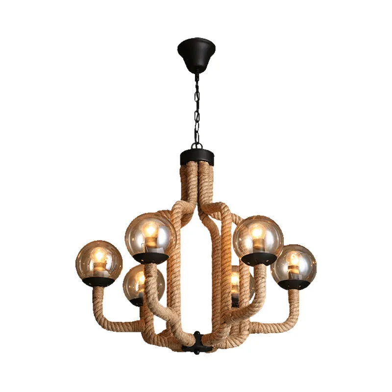 Industrial Rope Pendant Chandelier - 6-Light Globe Fixture with Beige Hanging Design and Glass Shade for Living Room